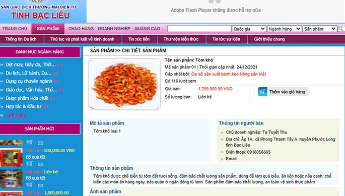 Sản phẩm được rau bán trên Sàn giao dịch thương mại điện tử tỉnh Bạc Liêu. Ảnh: B.T