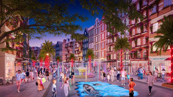Tuyến phố shopping của Summerland Resort xây dựng mô phỏng kiến trúc của thành phố Milan, Paris tạ châu Âu. Điểm nhấn tại đây là những hàng hoa giấy đặc trưng của thành phố Phan Thiết. Ảnh HLP