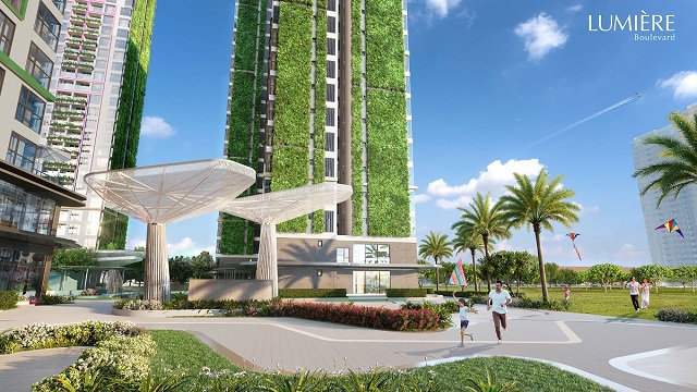 Hệ thống “vườn treo” góp phần làm nên “kỳ quan xanh” hiếm có cho LUMIÈRE Boulevard. Ảnh: VHM