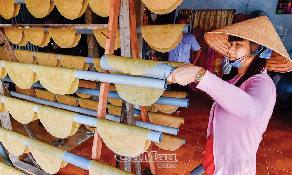 Tận dụng nguồn nguyên liệu tại chỗ, một số HTX đã xây dựng được thương hiệu bánh phồng tôm nổi tiếng trong nước và cả xuất khẩu. Ảnh: Trần Nguyên