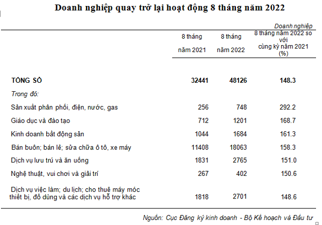 Số doanh nghiệp quay trở lại hoạt động đạt 48,1 nghìn doanh nghiệp, tăng 48,3%. Nguồn Bộ KH&ĐT