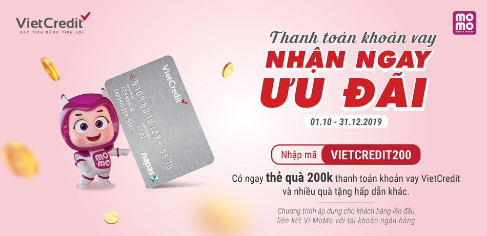 Sự kết hợp giữa ví điện tử MoMo và VietCredit sẽ giúp chủ thẻ vay có thể thanh toán dư nợ một cách nhanh chóng, dễ dàng và vào bất cứ khi nào. Ảnh VietCredit