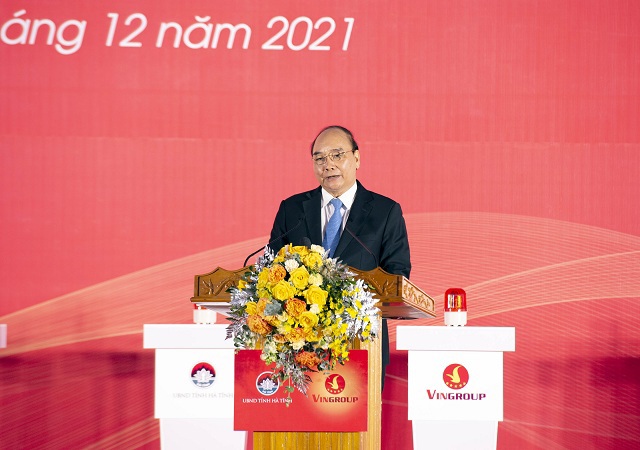 Chủ tịch nước Nguyễn Xuân Phúc phát biểu chúc mừng tại lễ khởi công Nhà máy sản xuất Pin VinEs. Ảnh: VIC