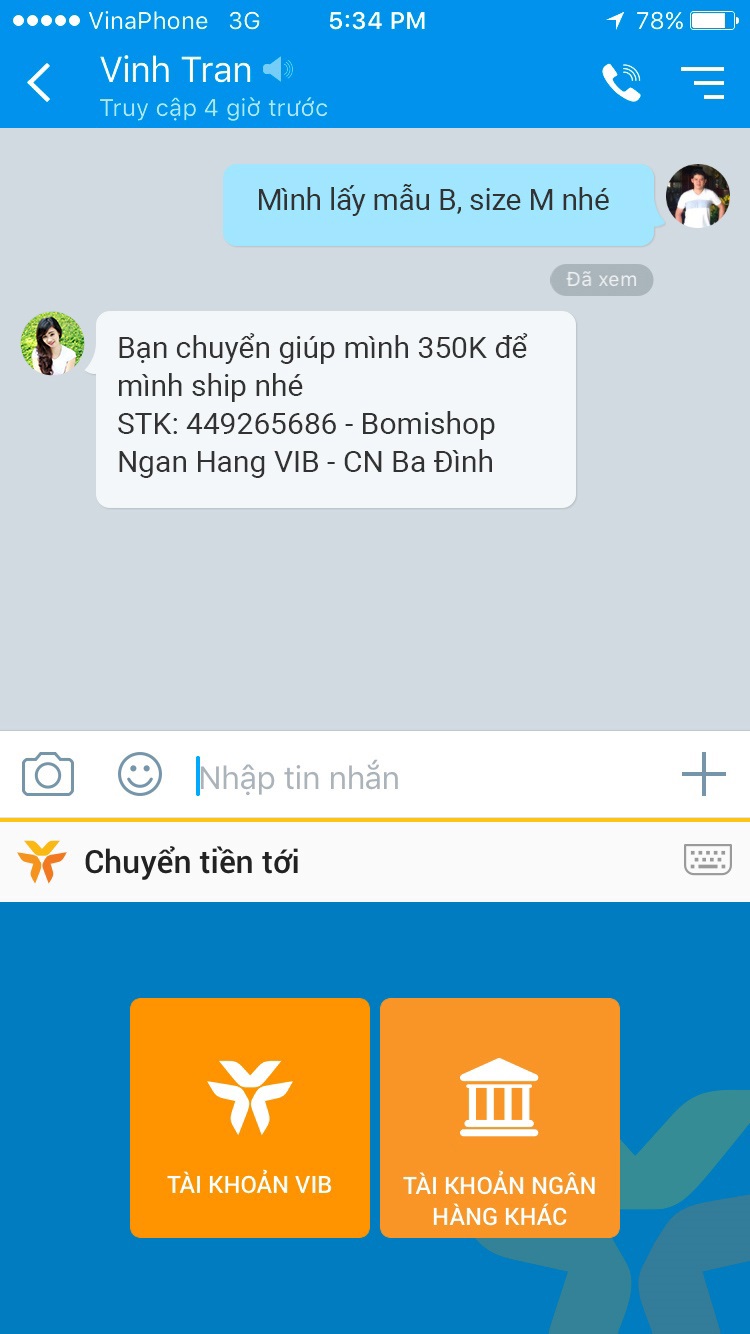 •	VIB giới thiệu tính năng chuyển tiền nhanh khi chat Facebook/Viber/Zalo.