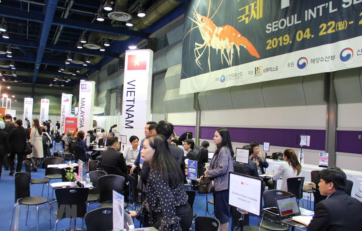 Khu vực gian hàng của các doanh nghiệp Việt Nam dự Hội chợ Thủy sản quốc tế Seoul 2019. (Ảnh: Hữu Tuyên)