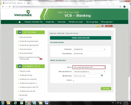 Minh họa thực hiện giao dịch trên VCB – iB@nking