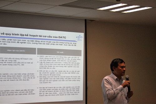 Trình bày tham luận về quy trình lập kế hoạch tái cơ cấu của DATC, Phó Tổng giám đốc Phạm Mạnh Thường đánh giá cao ự giúp đỡ của Bộ Tài chính, JICA và đơn vị tư vấn đã dành cho DATC trong trong thời gian qua
