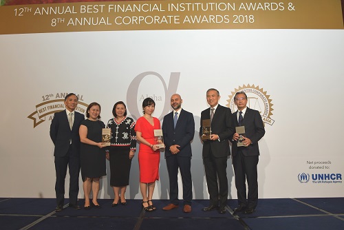 Bà Vũ Thị Bích Thu - Trưởng văn phòng Đại diện Vietcombank tại Singapore (thứ 4 từ trái sang) cùng đại diện 1 số ngân hàng trong khu vực nhận Giải thưởng từ ông Siddiq Bazarwala – Tổng biên tập Tạp chí Alpha Southeast Asia 