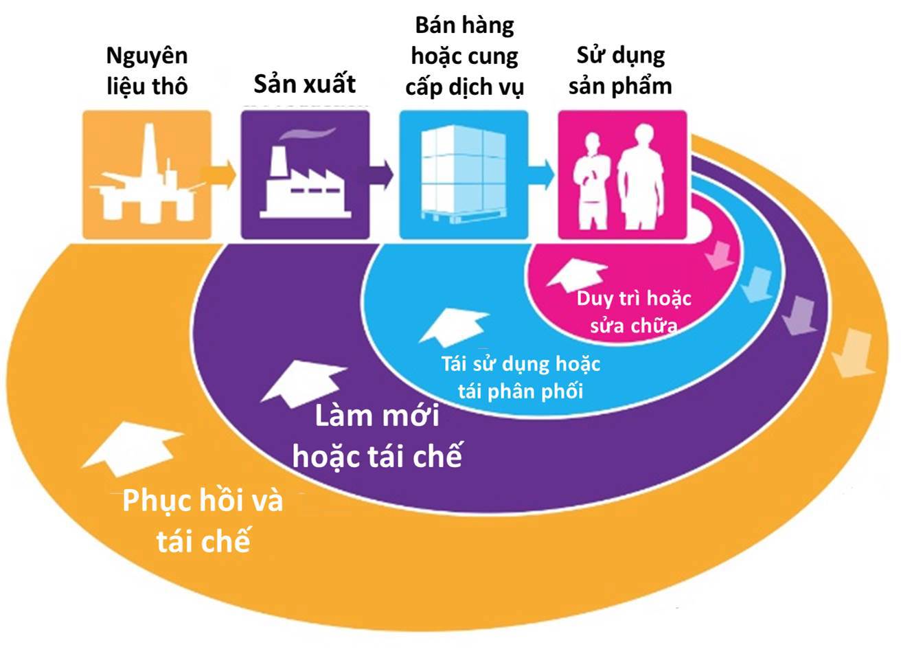 Trong nền kinh tế tuần hoàn, nhà sản xuất chú trọng kéo dài thời hạn và tận dụng tối đa giá trị sử dụng của tài nguyên.