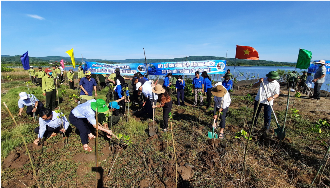 Các đại biểu tham gia trồng rừng ngập mặn chống biến đổi khí hậu, hưởng ứng “Tuần lễ Biển và Hải đảo Việt Nam năm 2022.