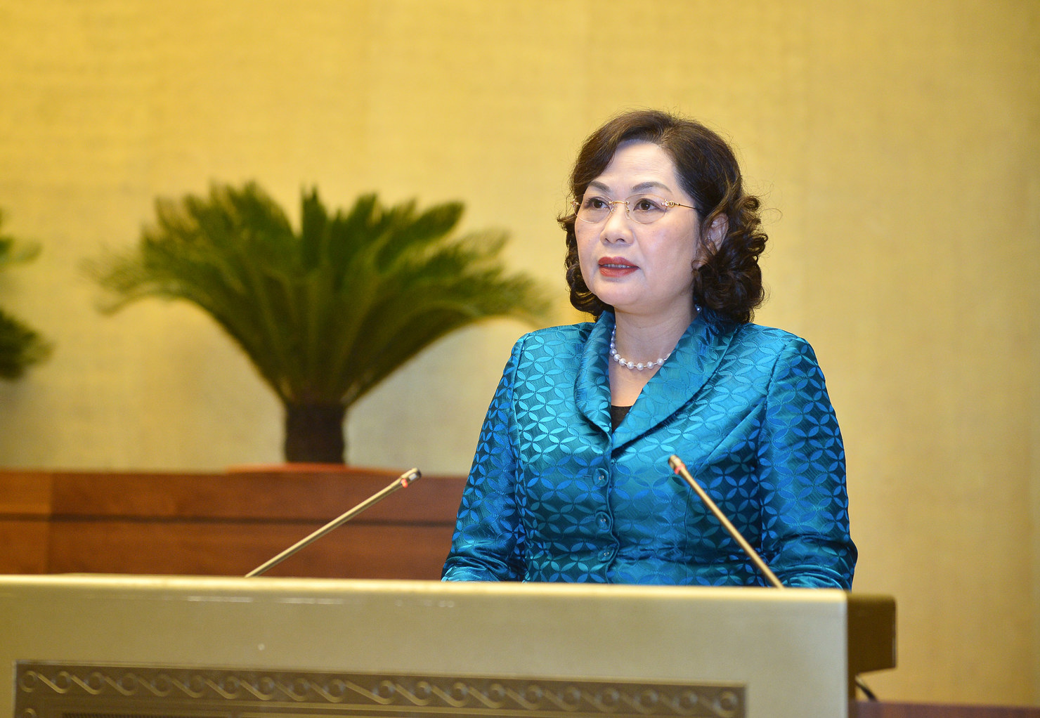 B&agrave; Nguyễn Thị Hồng - Thống đốc Ng&acirc;n h&agrave;ng Nh&agrave; nước&nbsp;tr&igrave;nh b&agrave;y&nbsp;B&aacute;o c&aacute;o tổng kết&nbsp;việc thực hiện Nghị quyết số 42/2017/QH14
