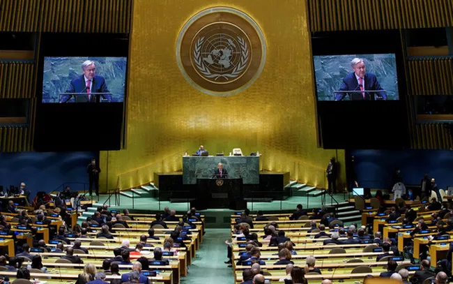 Tổng Thư ký LHQ Antonio Guterres phát biểu khai mạc Phiên thảo luận chung cấp cao Khóa họp thứ 76 Đại hội đồng Liên Hợp Quốc ngày 21/9. Nguồn: Reuters