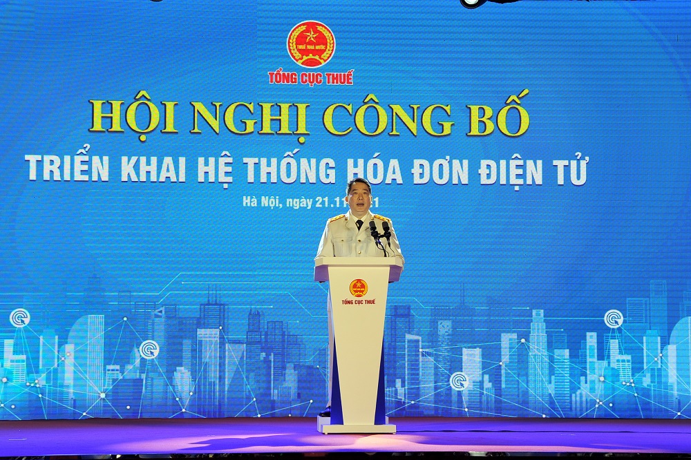 Tổng cục trưởng Tổng cục Thuế Cao Anh Tuấn phát biểu tại Hội nghị.