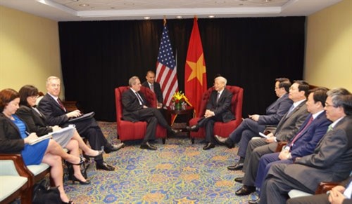 Tổng Bí thư Nguyễn Phú Trọng tiếp Đại diện Thương mại Hoa Kỳ Micheal Fromanđến chào xã giao. Ảnh Qdnd.vn 