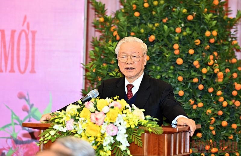 Tổng Bí thư Nguyễn Phú Trọng phát biểu chúc Tết các đồng chí lãnh đạo, nguyên lãnh đạo Đảng, Nhà nước. Ảnh: Đăng Khoa