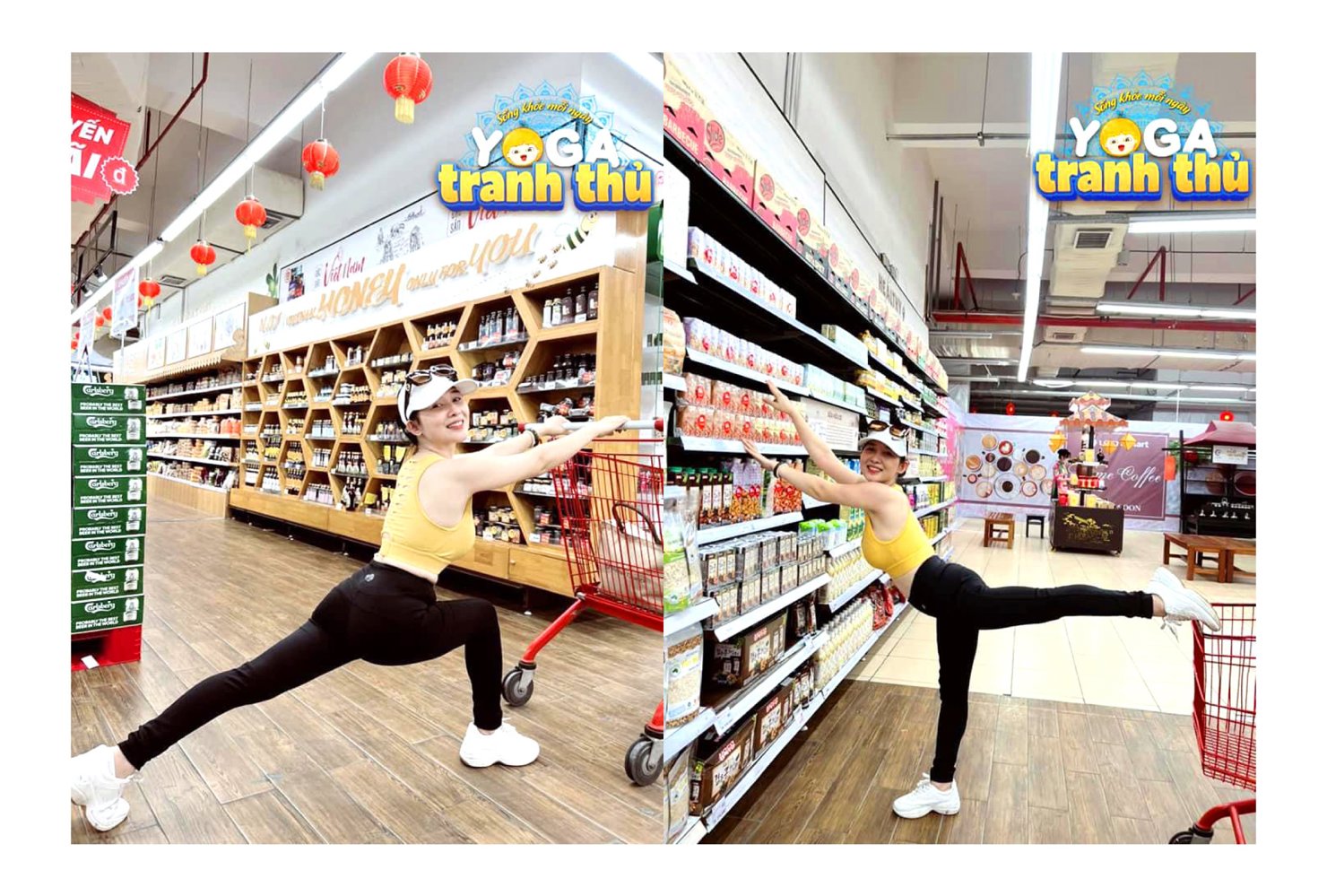 “Yoga Tranh thủ” là khi vừa chọn đồ trong siêu thị vừa có thể tranh thủ kết hợp tập 1 vài động tác yoga căn bản.