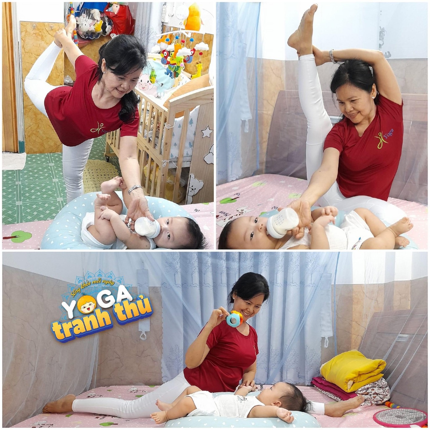Vừa trông cháu, bà vừa tranh thủ yoga.