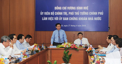 Phó Thủ tướng Chính phủ Vương Đình Huệ phát biểu chỉ đạo tại buổi làm việc với ngành Chứng khoán ngày 27/4/2016. Nguồn: tinnhanhchungkhoan.vn