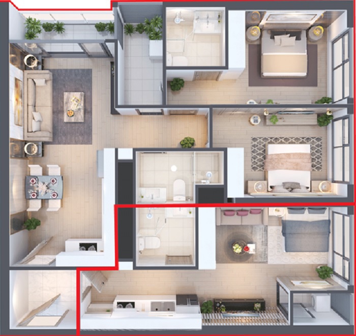 Căn hộ hai chìa khóa loại 2 phòng ngủ tại tòa West 1 - Vinhomes West Point (Hình ảnh mang tính minh họa)