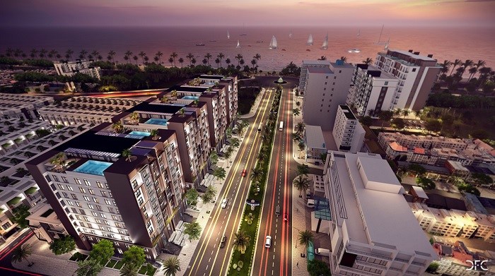 Dãy khách sạn Sky Hotel Sam Son sở hữu vị trí ngay sát mặt biển.