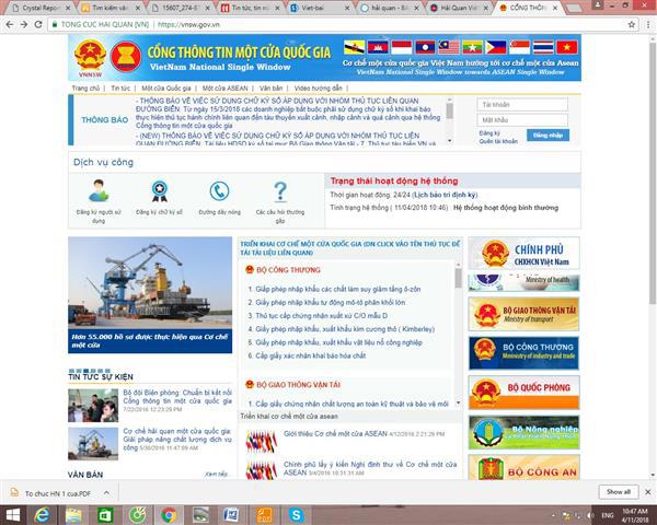 Giao diện Cổng thông tin Cơ chế một cửa quốc gia. Nguồn: PV.