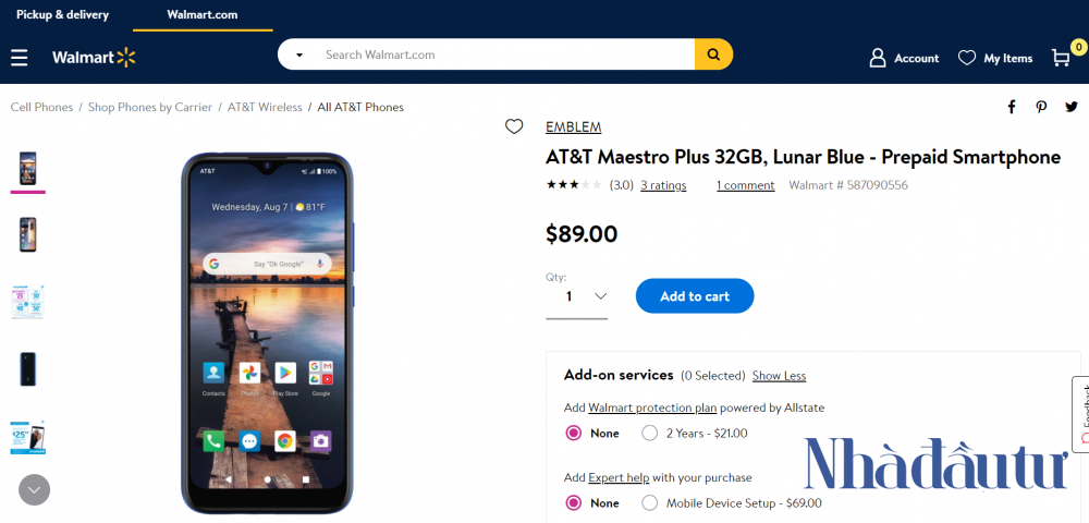 Mẫu smartphone AT&T Maestro Plus do VinSmart sản xuất bán tại website Walmart với giá 89 USD. Nguồn: nhadautu.vn
