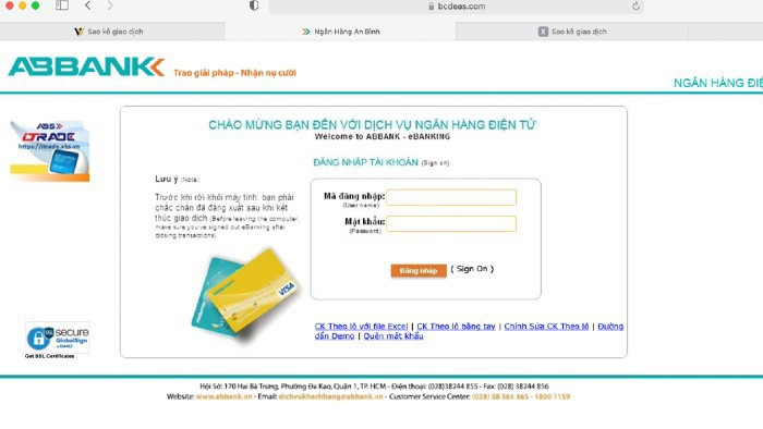 Giao diện website giả mạo trang E-Banking của ABBank nhằm lấy thông tin người dùng để thực hiện các hành vi lừa đảo.