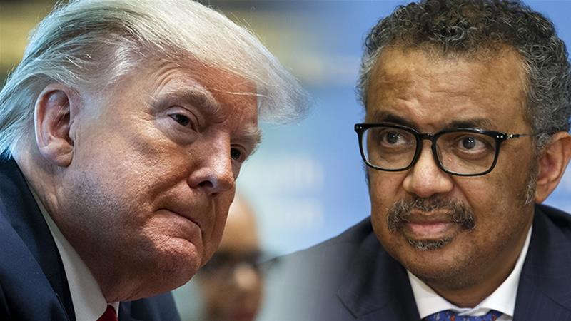 Tổng thống Mỹ Donald Trump (trái) và Tổng giám đốc WHO Tedros Adhanom Ghebreyesus (phải). Ảnh EPA