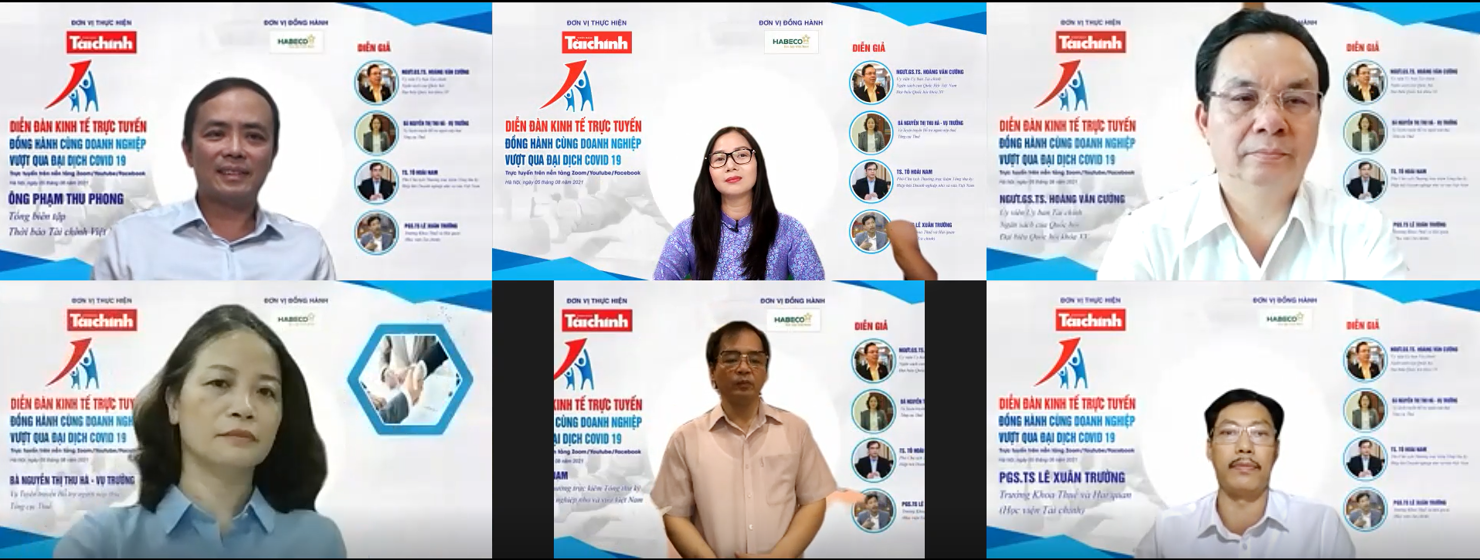 Các đại biểu tham dự “Diễn đàn kinh tế trực tuyến: Đồng hành cùng doanh nghiệp vượt qua đại dịch Covid 19” do Thời báo Tài chính Việt Nam phối hợp cùng các đơn vị liên quan tổ chức ngày 5/8/2021.