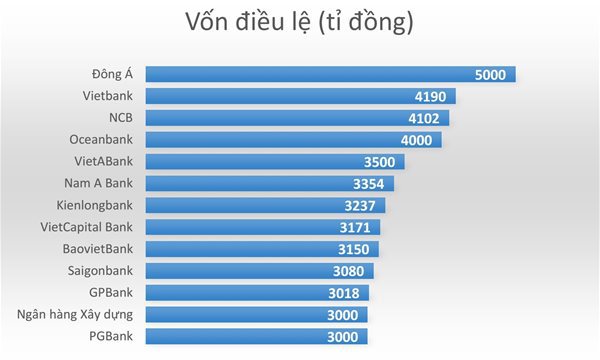 Vốn điều lệ các ngân hàng nhỏ nhiều năm nay không thể tăng. Nguồn: Ngân hàng Nhà nước, tính đến tháng 6/2019.