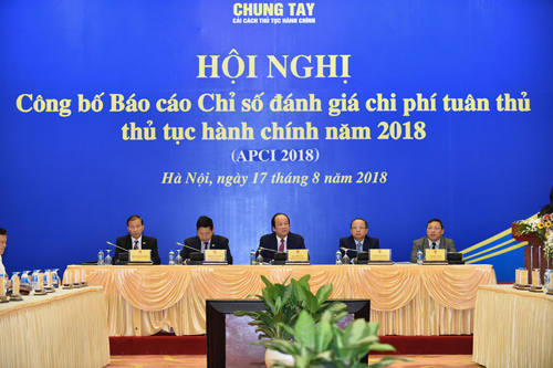 Toàn cảnh Hội nghị công bố Báo cáo Chỉ số đánh giá chi phí tuân thủ thủ tục hành chính năm 2018. Nguồn: VGP/Nhật Bắc