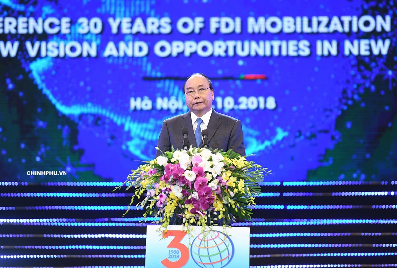 Thủ tướng Chính phủ Nguyễn Xuân Phúc phát biểu tại Hội nghị 30 năm thu hút FDI tại Việt Nam. Nguồn: internet