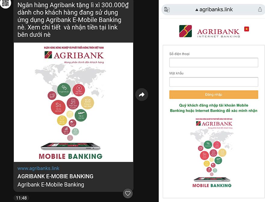 Trang web và tin nhắn giả mạo để lừa đảo khách hàng.