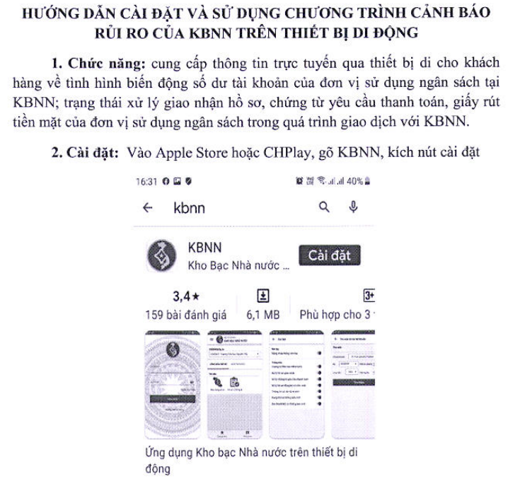 Hướng dẫn cài đặt Chương trình cảnh báo rủi ro của KBNN trên thiết bị di động.