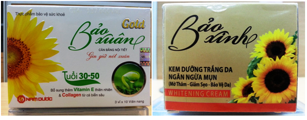 Nhãn hàng “Bảo Xuân” được bảo hộ của Công ty Ích Nhân (bên trái) và nhãn hàng “Bảo Xinh” xâm phạm quyền SHTT của Cơ sở Ngân Anh (bên phải).