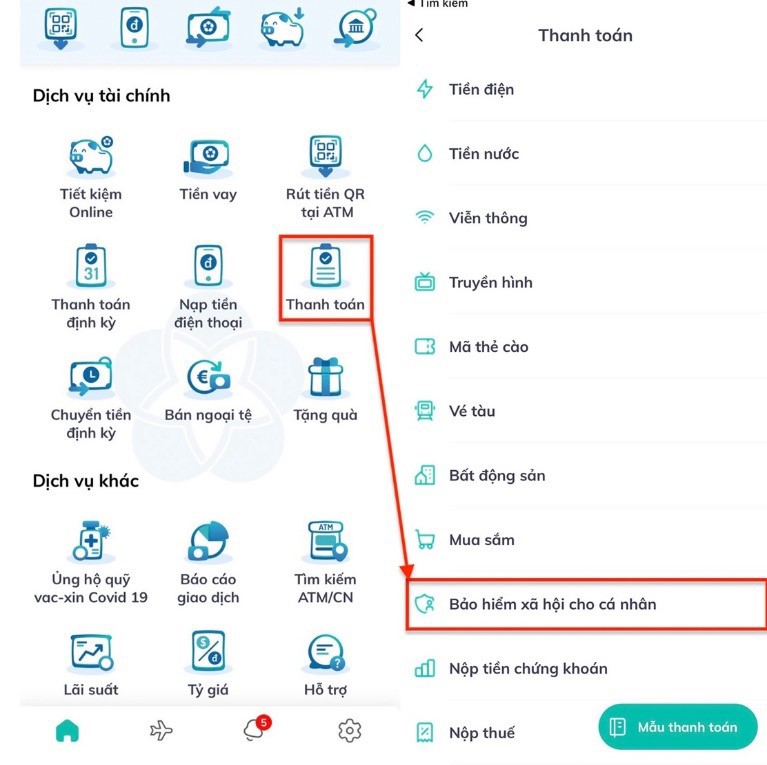 Hướng dẫn đóng tiếp bảo hiểm xã hội tự nguyện, gia hạn thẻ BHYT qua ứng dụng trực tuyến ngân hàng - Ảnh 2