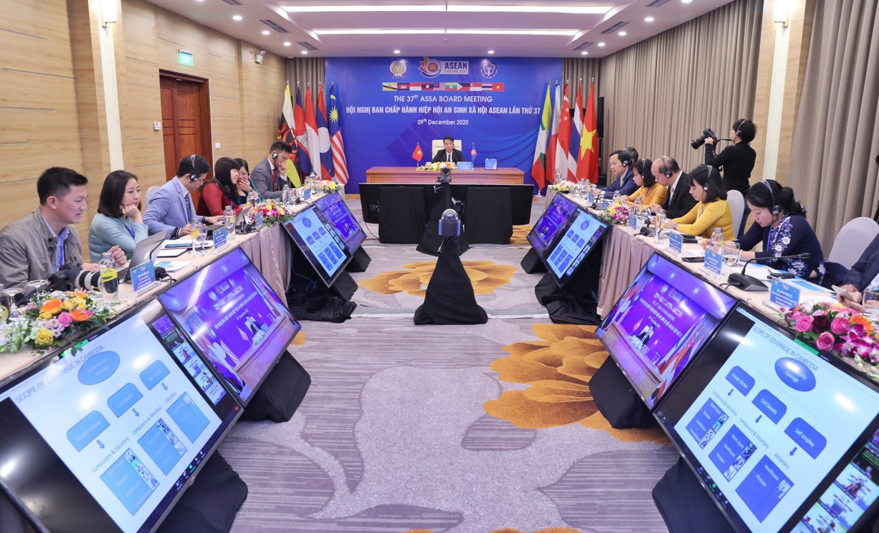 Toàn cảnh hội nghị trực tuyến Ban Chấp hành Hiệp hội An sinh xã hội ASEAN lần thứ 37 tại điểm cầu Việt Nam.