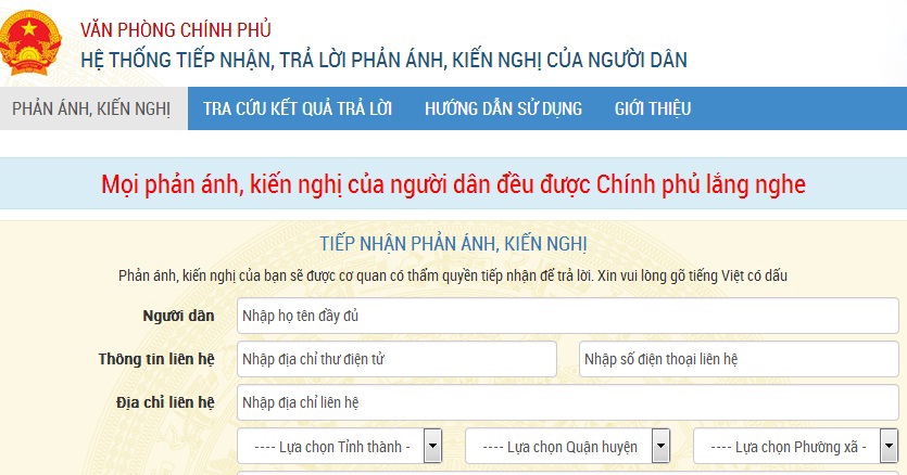 Giao diện Hệ thống tiếp nhận, trả lời phản ánh, kiến nghị của người dân.