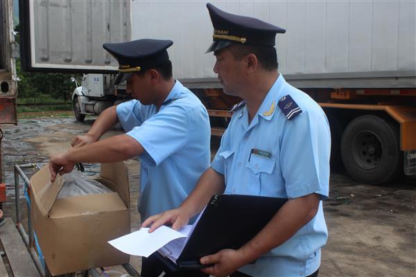 Công chức Chi cục Hải quan Bắc Phong Sinh (Quảng Ninh) kiểm tra hàng hóa XNK. Ảnh: Q.Hùng 